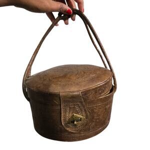 Vintage Hand Tooled Leather Train Bag Brown Etched Artisan Turn Lock Handbag Box